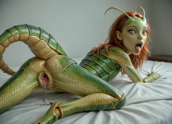 photorealistic, detailed, 4k, masterpiece, sexy face, ginger, petite, (open mouth flowing saliva), (transforming into a sexy fit hybridexa mantis girl:1.35), (mantis parts:1.3), (mntis feet), extreme detail, (mantis eyes), in a bedroom, (insect scales on her arms and hands:1.3), (MANTIS SCALE TEXTURE), (big spread open alien vagina, insect vagina texture:1.3), (laying on her side), (SEXY BUTT), (MEDIUM BOOBS), (tail), <lora:hybridexa:.95>, x, morphing, into, y, <lora:SDXL1.0-LoRa_Zeitgeist-Morphing-Concept_by-AI_Characters-v1.0:.8>, doggystyle, from, behind, human, on, anthro, feral, <lora:SDXL_Human_Male_Furry_Female:.8>