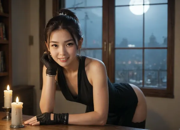 points_9, points_8, points_7, points_6, darkness, dark room, window, moon, candles, candles light, girl, (petite:1.5), best teeth, best asian, ((focus on eyes)), cute face, perfect eyes, black hair, ponytail, negative look, looking at viewer, (with ultra-high resolution 8K, masterpiece, best quality, maximum detail), best asian girl in thigh-high stockings, best breasts, black anime dress, jewelry, bracelet, gloves, gloves to the elbows, fingerless gloves, hairpin, best fingers, ((posing for photo)), leaning forward, back view, something else