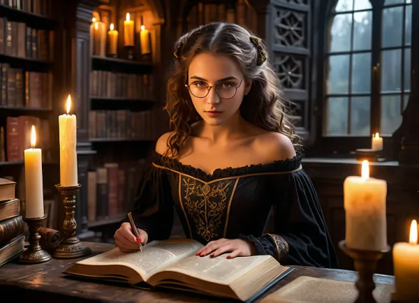 (masterpiece:1.2), (high resolution:1.3), 8k, ((realistic detailed skin)), ((highly detailed eyes)), (medium shot), mysterious young librarian, (long curly brown hair), (brown eyes), (dark medieval clothing), off-the-shoulder blouse, round horn-rimmed glasses, behind a huge magical tome, bound in black human skin, lying on a stand, yellowed pages with images of pentagrams and spell texts, (room lit by candles), warm glow of candles, Gothic interior, (window with Gothic pattern), moonlight through the window, dusty wooden furniture, antique books, (the girl looks around in fear:1.6), (atmospheric lighting), dramatic lighting, (soft lighting), focused lighting, deep shadows, (light reflecting from the eyes), octane render, artstation, deviantart, by Greg Rutkowski, by WLOP, (high quality:1.2), (soft focus), (glowing eyes)
