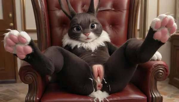 anime art, masterpiece, big black female rabbit, detail, 4k, long black rabbit ears, black fur, fur suit, big woolen tits, shaved pussy, female rabbit pussy, rabbit paws, sitting on a chair with her hind legs dangling, cum, cum on rabbit pussy, lots of cum coming out of pussy jxdhxps, character, <lora:Judy_Hopps_Xl-000002:.8>, <lora:SquattingAnal:.8>