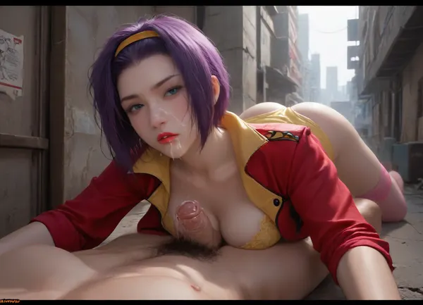 (((Masterpiece))), best quality, high resolution, hires, score_9, score_8_up, score_7_up, score_6_up, (Faye Valentine:1.4), beautiful face, beautiful eyes, overwhelmed expression, yellow silk bra, yellow short shorts unbuttoned, red jacket, pink stockings, black string thong, short purple hair, athletic body, big breasts, hard gumdrop nipples, breasts pushed against floor, unshaven hairy pussy, big hairy bush, athletic ass, laying flat face down on stomach, back arched, facing straght at viewer, (arms tied behind back), hair pulled, blond buff man behind out of top frame, laying down tit fuck, (Penis between breasts), cumming on face, streams of cum, cum on face, cum on breasts, in a cyberpunk city, in a alleyway, close up, viewer can see events over Faye's head, neon lightning, ratatatat74, incase style, anime fantasy, fv4lent, yellow_outfit_pink_thighighs, red, jacket, Neonlight, <lora:287175_training_data:1.4>, <lora:ratatatat74-000050:1.4>, <lora:faye-anime:1.4>, <lora:cbcity2:1.4>