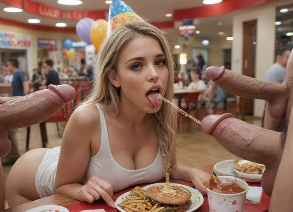 McDonald's restaurant, inside McDonald's fast food building, ((birthday party items everywhere)), aged 18, ((birthday girl)), bimbo, blonde, insanely hot, incredibly beautiful, skinny, long braided hair, perfect face, ((ultra high quality prettiest face)), ((huge fake boobs)), wet white tank top, sticked tongue, panties pulled to the side, (white wet dress pulled up), sneakers, (perfect tiny round ass), shaved pussy, (drunk), after sex, cute round face and gorgeous face structure, gorgeous model face, perfect, large, huge E cup size breasts, big, boobs, huge, tits, breedable hips, wide hips, small tiny waist, perfect body, (score_9, score_8_up, score_7_up, source_anime, masterpiece), cute, fast food, Golden Arches, red and yellow modern architecture, interior, customers eating, burgers, french fries, soda, bright light, storefront, birthday items, party cups, ((colorful birthday cap on her head)), birthday baloons "18", view from far away, ((three big dicks pissing into her mouth, long spurts of piss from three dicks coming into her mouth, dicks are pissing spurts of piss pissing, pissing, she is totally wet from all the piss, wet hair, insanely high amount of piss:1.3)), <lora:piss_in_mouth_deepmind:1.1>, <lora:add-detail-xl:1.1>, <lora:SDXLHighDetail_v6-000005:1.1>
