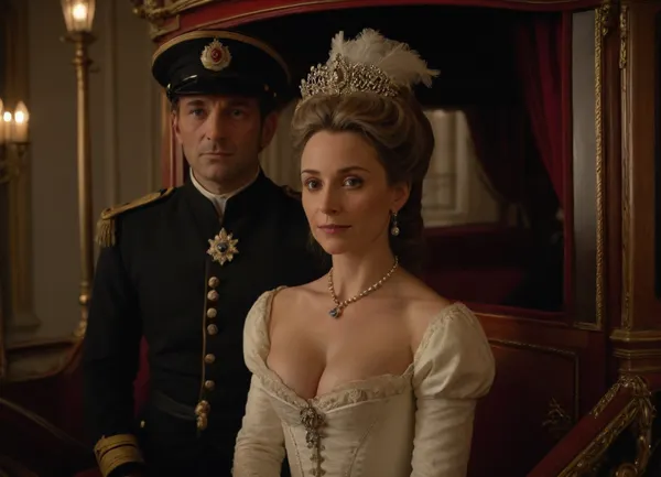 (hyperréaliste), stunning 50-year-old marquise from 16th-century France, awith her lover dressed as an officer, cleavage, detailed face, detailed eyes, full body view, in a royal carriage