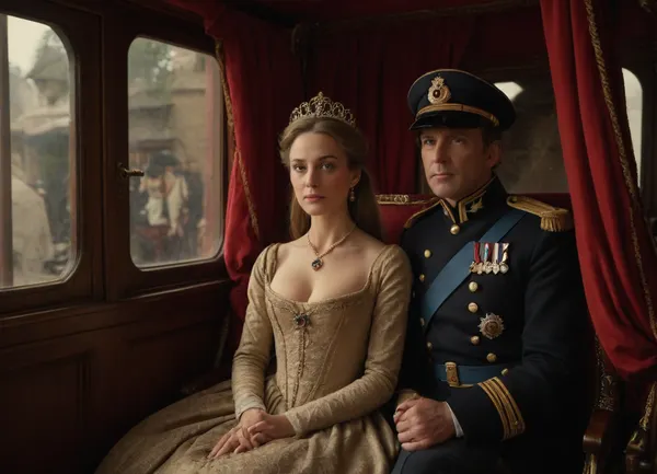 (hyperréaliste), stunning 50-year-old princess from 14th-century France, with her lover dressed as an officer, cleavage, detailed face, detailed eyes, full body view, in a royal carriage