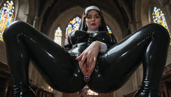 mature, 40yo, nun, latex bodysuit, legs spread, (fingering pussy, buttplug), harness, view from below, dark gothic church, dynamic, lighting, <lora:Dynamic_Lighting_by_Stable_Yogi_SDXL3_v1:.8>, <lora:580159_training_data:.9>
