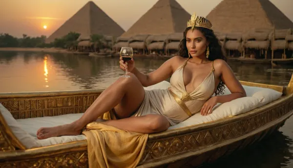 A fictional Nile queen reclining on a gilded lotus barge, diaphanous linen dress slipped to show hip and expose boobs with nipples and beautiful woman legs, also is seductive, heavy kohl, wide gold collar, servants pouring wine, papyrus reeds and pyramids at sunset, lush cinematic luxury.