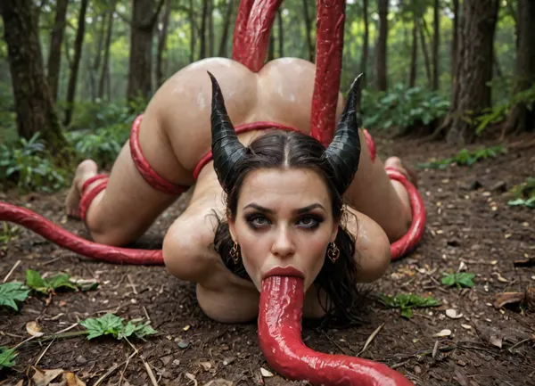 maleficent, fit, naked, suspended, hogtied by tentacles, suspended hogtied, barefoot, ass up, feet up, showing soles, feet flexing, arched back, hands behind back, red tentacles, restrained by tentacles, face down, fucked by huge hyper tentacles, massive hyper anal penetration, extreme anal, huge hyper tentacle in her ass, view from above, front view, full body, mascara, rolling eyes, eyes open wide, hyper oral, hyper deepthroat, wide view, drooling, oiled body, dark forest, <lora:detailed_notrigger:2>, <lora:add-detail-xl:.8>, <lora:LCMTurboMix_Euler_A_fix:.8>, <lora:677862_training_data:.8>