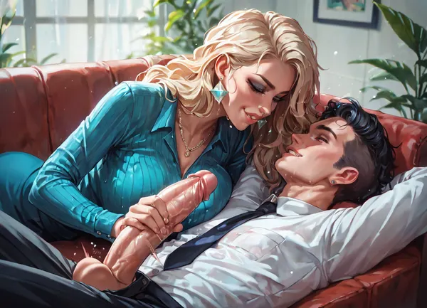1boy, 1girl, side view, score_9, score_8_up, score_7_up, man is laying on sofa in psychologist office, his hands behind his head, huge dick, handjob, fast strocking, motion blur, biting her own lips
