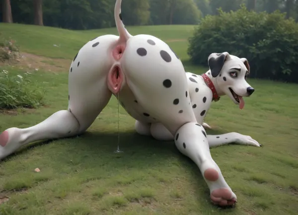 grass park scene, full body, ass up aggressively, huge tits, huge doggy pussy, ((((perfect solo dog)))), perfect Sexy dog Dalmatian female, very big ass, ((seductive sexy dog body)), perfect dog with huge ass cheeks, tight butthole, detailed fur, tail, pink eyes, tongue out, drooling, spread legs, gaping pussy focus, excessive wet pussy, massive boobs, perfect black anus, dogs pussy, (black dalmatian genitals), (((perfect Dalmatian))), (((charming look of the dog))), On all fours, (((rear view))), (((((((perfect detailing))))))), <lora:outline_xl_kohaku_delta_spv5x:.5>