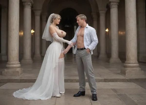 yorha b, busty stepmom fuck, closed eyes, open mouth, lipstick, sleeve gloves, nipples, wearing wedding dress, white lace garter belt, platform heels, highly detailed face, full body view, giant female, taller female than male, bigger female than male, hidden male, earrings