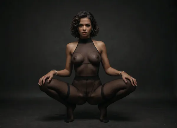 dark caramel brown Skin, 55 years old, latina woman, gorgeous, medium round Breasts, nice round Ass, Full-face blush, curly Short Hair, squatting, pubic hair, trimmed pussy visible, thighs visible, legs apart, Looking at Viewer, Thighs Exposed, Erect Nipples, dark caramel tanned skin, brown eyes, medium breasts, dark curly black hair, very elegant woman, each wrist has a bracelet, lots of jewelry, toned body, long toned legs, erect nipples, ((glossy 30 denier black nylon sheer crotch bodystocking)), brown tanned skin, no shoes, pantyhosed feet, view full body, BadX, very, dark, focused, flash, photo, <lora:Chiaroscuro-v1:.9>, <lora:sdxl_darkflash_v6-000060:1.7>, <lora:dark:1.1>