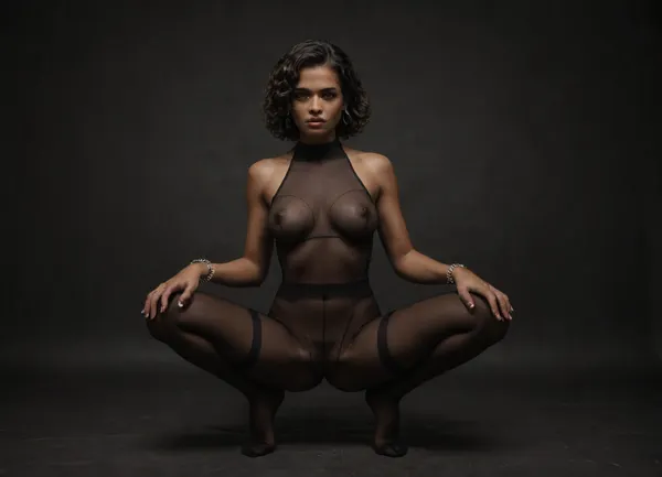 dark caramel brown Skin, 55 years old, latina woman, gorgeous, medium round Breasts, nice round Ass, Full-face blush, curly Short Hair, squatting, pubic hair, trimmed pussy visible, thighs visible, legs apart, Looking at Viewer, Thighs Exposed, Erect Nipples, dark caramel tanned skin, brown eyes, medium breasts, dark curly black hair, very elegant woman, each wrist has a bracelet, lots of jewelry, toned body, long toned legs, erect nipples, ((glossy 30 denier black nylon sheer crotch bodystocking)), brown tanned skin, no shoes, pantyhosed feet, view full body, BadX, very, dark, focused, flash, photo, <lora:Chiaroscuro-v1:.9>, <lora:sdxl_darkflash_v6-000060:1.7>, <lora:dark:1.1>