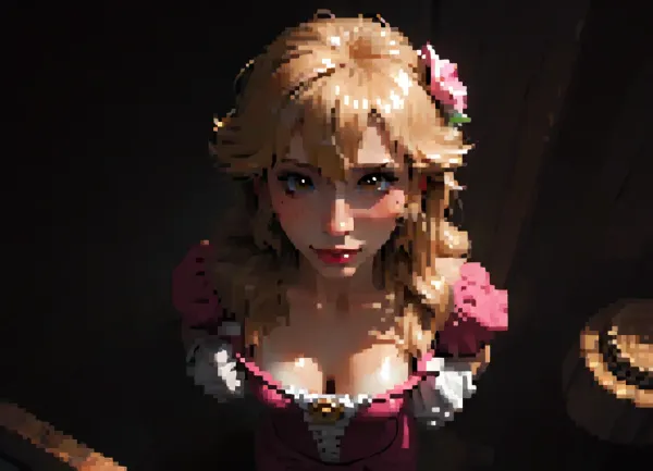 score_9, score_8_up, score_7_up, Princess Peach, A beautiful cartoon-style princess with long flowing blonde hair, white and pale skin, medium natural breasts, tan lines, skinny body, tall, thin waist, wide hips, thigh gap, barefoot, hairy pussy, freckles, brown eyes, perfect makeup, detailed skin texture, embarrassed smile, masterpiece, hyper realistic photo, full hd, 8K, camera shot, photoshoot casting, raw, overexposed, harsh, flash, qos outfit, looking, at, viewer, bird view, bird-view, <lora:dark:.5>, MASTERPIECE, best quality, amazing quality, high res, (incase style), pixelart, incase, style, pixel, art, <lora:pixel_stormXL:.3>, wearing a skimpy pink ball gown with puffed sleeves, deep cleavage, white gloves, and a jeweled crown, She has a kind and elegant expression, standing in a bright, whimsical fantasy castle setting inspired by classic Mario games, detailed Nintendo-like style., flashing tits, show boobs shirtpull, <lora:shirtpull_SDXL:2>