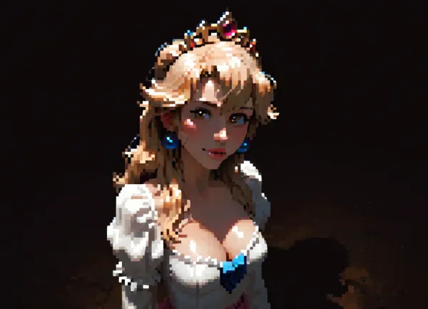 score_9, score_8_up, score_7_up, Princess Peach, A beautiful cartoon-style princess with long flowing blonde hair, white and pale skin, medium natural breasts, tan lines, skinny body, tall, thin waist, wide hips, thigh gap, barefoot, hairy pussy, freckles, brown eyes, perfect makeup, detailed skin texture, embarrassed smile, masterpiece, hyper realistic photo, full hd, 8K, camera shot, photoshoot casting, raw, overexposed, harsh, flash, qos outfit, looking, at, viewer, bird view, bird-view, <lora:dark:.5>, MASTERPIECE, best quality, amazing quality, high res, (incase style), pixelart, incase, style, pixel, art, <lora:pixel_stormXL:.3>, wearing a skimpy pink ball gown with puffed sleeves, deep cleavage, white gloves, and a jeweled crown, She has a kind and elegant expression, standing in a bright, whimsical fantasy castle setting inspired by classic Mario games, detailed Nintendo-like style., shirtpull, <lora:shirtpull_SDXL:2>