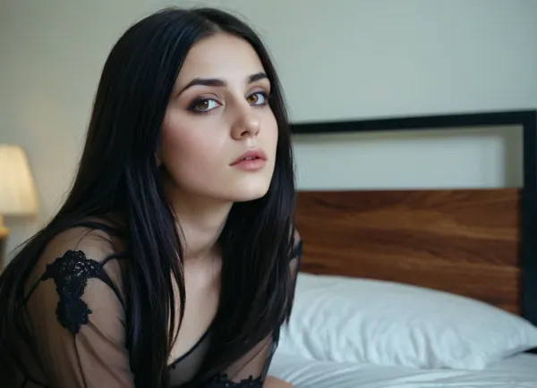 attractive goth 18yo dark hair romanian woman poses alone in bed, beautiful brown eyes, for porn shooting, (sitting), looking up, sexy, <lora:LCM_LoRA_Weights_SDXL:.5>, 4ng3l, face, <lora:SDXL_BetterFaces-LoRA_v1:.5>
