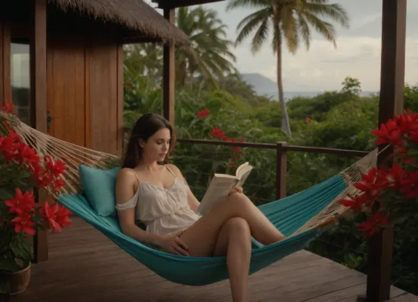 “A serene and picturesque tropical setting featuring a woman sitting peacefully in a hammock reading a book. The hammock is tied between two palm trees, surrounded by lush greenery and vibrant red flowers. In the background, there is a view of a calm turquoise sea and a wooden deck with tropical huts partially visible. Soft sunlight filters through the palm leaves, casting gentle, warm light on the scene. The woman is dressed in a short silk nightgown barely covering her body, resting with a relaxed posture, creating a tranquil and idyllic atmosphere, close view, 3/4 body.”