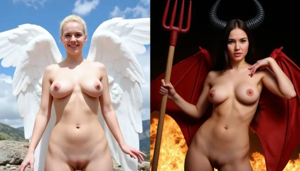 (side-by-side two pictures of a French petite woman, worm's eye view, full body, standing, looking at viewer), (On the first picture on the left she is an angel, huge breasts, happy expression on her face, smiling, aura, white hairs, pale skin, white wings, spreading arms, sky and clouds), (On the second picture on the right, she is a succubus, huge breasts, serious expression on her face, frowning, black rippled horn, black hair, tanned skin, red devil wings, threatening with a devil's pitchfork, dark and flames), large, breasts, small, <lora:breasts slider flux v1:.7>