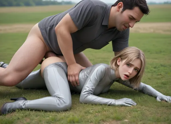 Hungarian blonde, long legs, gray latex jumpsuit, one-piece jumpsuit, latex jumpsuit completely covers her body, high-heeled platform boots, lying on her side on the grass, face expressing pleasure, orgasm, drooling, drooling from behind her mouth, hands clutching the grass, hands clutching the ground, fat ugly black man lies behind her, fat black man lies on his side, massive thick cock with veins, anal sex from behind, outdoors