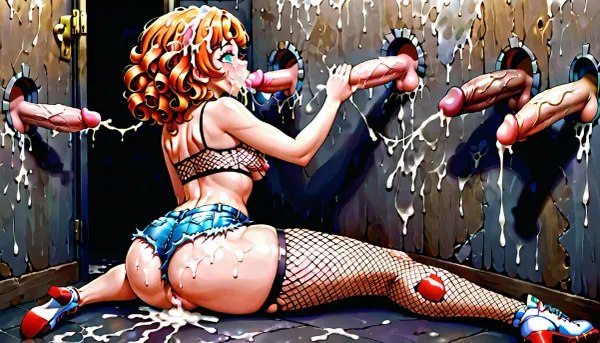 35 yo ginger fit woman, medium breasts, medium ass, medium curly hair, after sex, A domineering person, fishnet top, fishnet leggings, torn mini shorts, Sitting on his knees, blowjob, handjob, glory hole, Four dicks, cum on face, ejaculating dicks, cum in mouth, massive bukkake, Cum Dripping From penis, cum on hair and nose, thick cum, oozing lumpy gobs of cum, used pussy, Covered In Sperm, dripping sperm, much cum shot on her body