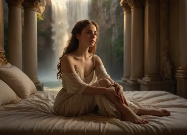 Renaissance painting, woman on her elbows, waterfall in the back, eyes open, silk transparency, touching her body, front view, silk bed, poor light, strong wind, halo of light drop above, dramatic, baroque style, golden hour, full body, bare feet, white columns