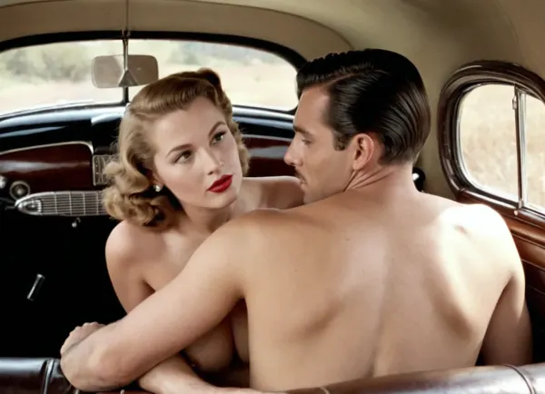 1940s intimate pornographic photos, black and white photo, (ultra-realistic 1.5), perfect face, perfect eyes, 1man and 1woman, woman naked, full body view, (doggy style penetration on the backseat of a 1940s buick car 1.8), .
