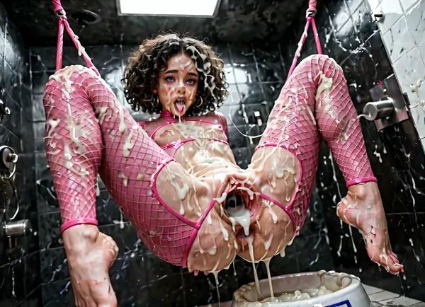 20 yo skinny girl, tall body, long skinny legs, small breasts, small ass, short black curly hair, after sex, orgasmic face, Orgasm, (fishnet bodysuit), Suspended from the ceiling by her legs, Suspended from the ceiling by her hands, Dog Bowl Filled sperm, raped in a dirty toilet room, massive cum on the wall, cum on face, cum on body, cum in pussy, cum in mouth, massive bukkake, excessive bukkake, Cum Dripping From Pussy, cum on hair and nose, gaped holes, gaping vaginas, dripping gaped vagina, excessive cum dripping from pussy and assholes, thick cum, oozing lumpy gobs of cum, massive overused pussy, Covered In Sperm, dripping sperm, much cum shot on her body, dripping cum, gaping vagina, creampie, bukkake, cum, <lora:MS_Real_XL_Bukkake:.5>
