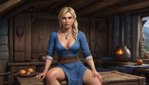 one woman, Haelga from Skyrim, 30 year old, scandinavian, blonde medium hair ponytail, medium breasts, seductive face, licking lips, inside medieval wooden house, wearing medieval blue shirtdress, sitting on medieval bed, covering breasts with arm, big honey pot covering crotvh, front view, (artwork, digital painting, concept art, by syd mead, flat colors), <lora:concept_art_syd_mead:1.5>