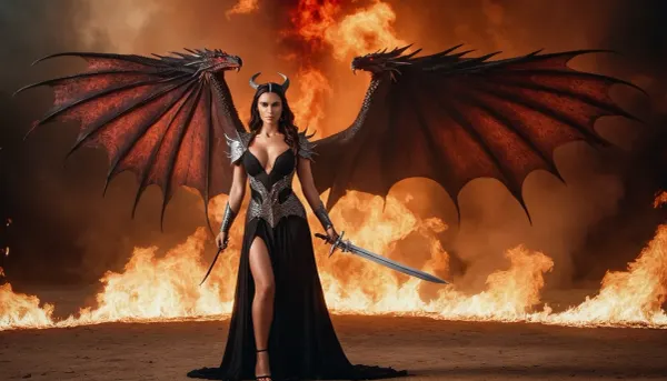 Goddess Tiamat, beautiful woman with dragon wings, stern face, big breast, slim body, burning red eyes, black sexy dress, holds a dagger in his hands, full body in frame, full view