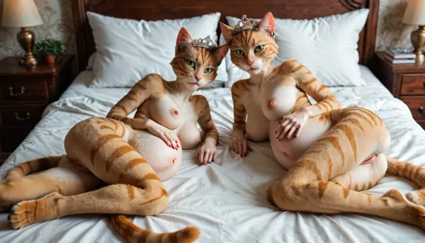 2twins, ((furry feline female twins), looking at viewer, cat's head, (cat´s eyes, ((red))), (cat´s pawn), four tits, (small), thin, slim, small ass, nude), yellow fur, tiara, pregnant, lying back on bed, bedroom, show her vagina, full body, <lora:hakama:2>