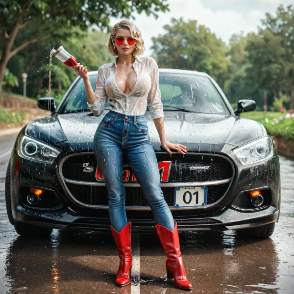 full body view, 23 year old fair skinned American blonde, 6'2” tall, denim shorts, white blouse unbuttoned, red aviator sunglasses, cowboy boots, gigantic tits size H, solo, earrings, front view, facing forward, lips shaped like bows painted red, lush body, pronounced curves, bulging blue eyes, heavenly nose, porcelain skin tone, bob haircut, athletic body, tight mouth, wet body, wet hair, perfect fingers and hands, (leaning on a sport car red mini cooper), in the pouring rain, detailed backdrop, gabbiecarter, <lora:580159_training_data:1>, <lora:gabbiecarter:1>