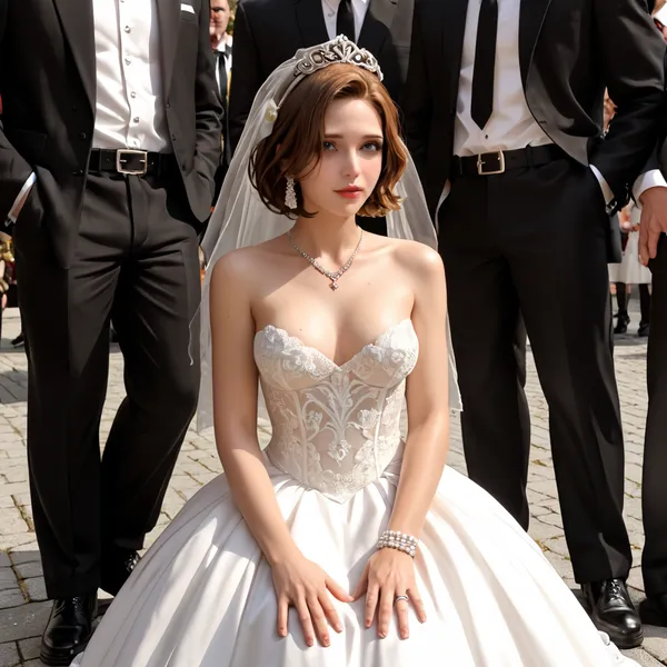 A girl in a wedding dress is on her knees, several big black cocks around, several men with naked black cocks, face in cum, dress in cum, long brown hair, dressed, a girl dressed in a wedding dress.