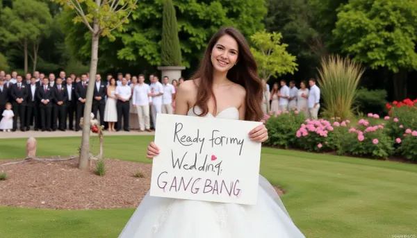 A, Persian, (petite bride), long brunette hair, stands in a rose garden. She is facing the viewer. She laughs with anticipation.
The bride wears a beautiful white weddingdress with her tits out. The bride holds a big handmade sign with Text "Ready for my, Wedding Gangbang". A large group of white and black male wedding guests in suits in the background looking on. looking at camera, best quality, High Details, Sharp focus on face.