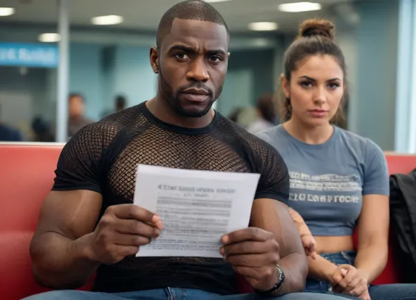In the airport waiting area, a muscular, angry black man in a fishnet t-shirt is waiting for them with a piece of paper written on it, Hotwife Sahar and Arian cuckold.