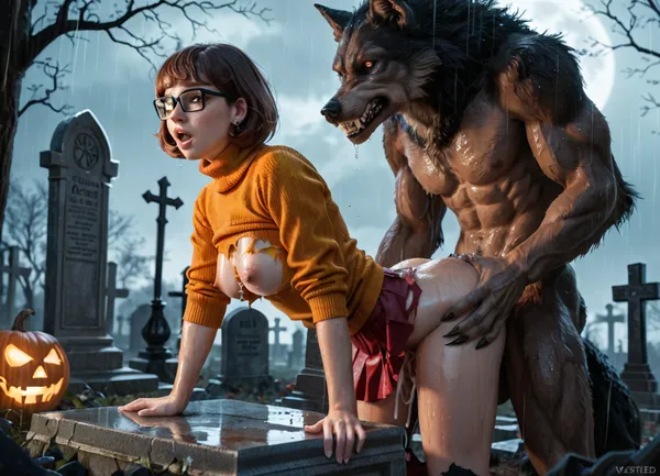 Velma Dinkley, in an abandoned cemetery, a dark rainy night, bent over a tombstone, ((clothes torn in multiple places)), tits exposed, wet body, wet hair, fucked by a dark furred werewolf, doggy style, huge cock, creampie, detailed background