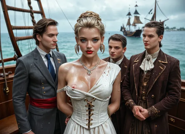 1 male, mid 18th century, 18 year old light skinned American blonde, mocking look, hands tied behind back, elegant 17th century white dress with corset torn in several places, one breast exposed, giant H sized tits, earrings, jewelery, red lips tied in bows, lush body, pronounced curves, bulging blue eyes, heavenly nose, porcelain skin tone, bob haircut, athletic body, perfect fingers and hands, aboard a dark and dirty pirate ship, rainy day, detailed background, gabbiecarter, <lora:580159_training_data:1>, <lora:gabbiecarter:1>