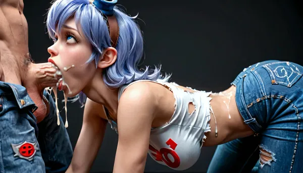 Gadget hackwrench, girl, 1 girl, on all fours, D cup size breasts, deepthroat by huge bodybuilder from underworld, massive cock, ahegao, blue eyes, cum on back, ripped clothes, ripped shirt, jeans, naked top, side view