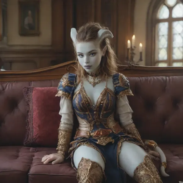 masterpiece, best quality, highly detailed, 4k, octane render, hdr, highly detailed face, 1 person, (anthro draenei body:2), ((draenei from world of warcraft outfit:1.5)), body view, seat on a medieval couch