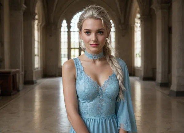 A gorgeous girl, thin, tanned skin, platinum blonde hair with ponytail, messy fringe, 22 years old, standing inside a castle, she is wearing iconic elsa's ice blue sexy warm dress, woman covering one shoulder with a fur ice blue jacket, woman dress covers part of her body exposed, woman wearing knee height ice blue boots, perfect medium tits, smiling, white lace choker, pink lips