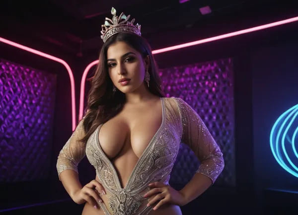 full body image of A modern and stylish Iranian curvy girl wearing a queen's crown and wearing a bridal bodysuit is dancing at a modern dark nightclub in Dubai for Arab men, neon lights, laser lights.