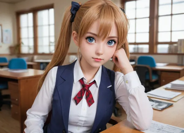 (anime drawing:1.6), (sharp lines, flat colors:1.6), cute anime schoolgirl, ginger, fanny, (babyface:1.4), (lolicon:1.4), (teeny:1.4), pigtails, (highly detailed hair, highly detailed eyes), (well-dressed, elite school uniform, white button-up shirt, light-blue blazer, blue tie, tartan super short miniskirt), at her desk in classroom, (anime reality background:1.6)