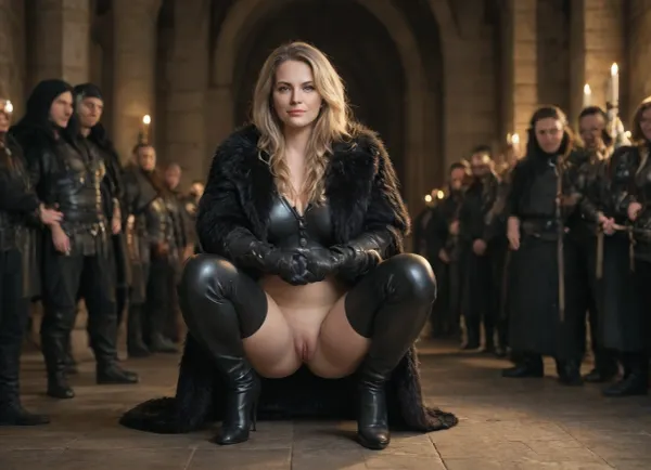 beautiful, realistic rendering, Fire lighting, viking style, (mature_face:1.4), (perfect_face:1.9), A photography of beautiful sexy slender 60 year old blonde woman, shaved pussy, ((((leather armor)))), long blond hair, green eyes, ((((very long black fur coat with lined hood)))), (black boots high heels), (black leather stockings), curling skirt, banquet room in medieval castle, on knee on the floor, ass open, opening legs, several people behind woman, torches, candles, fireplace, solo woman