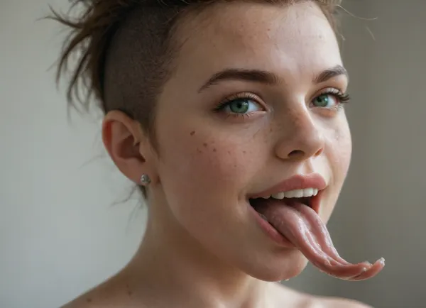 (Freckles:1.9), (Side view), (looking at viewer), (Macro photo), (close up), (Russian), (demoness), (detailed green eye), (the eyes are smiling), (detailed iris), (detailed nose), (detailed mouth), (open mouth), ((forked tongue:1.6)), ((splitting tongue)), (extended tongue), (detailed tongue), (curved tongue), (wet mouth), (mohawk hair with undercut), (natural penis), (jet of cum), (penis in gulp)