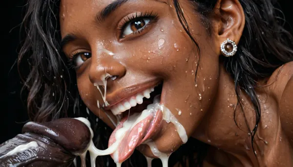 Close-up, (Side view), (looking at viewer), front view, (Macro photo), (close up), (african), (detailed brown eye), (the eyes are smiling), (detailed iris), (detailed nose), (detailed mouth), (open mouth), (eyes wide open), (extended tongue), (detailed tongue), (curved tongue), (wet mouth), long smooth black hair, sucking big erected 25 inch black penis, penis lying on her tongue, (excessive cum on tongue), cum dripping from her tongue, projectile cum, black background.