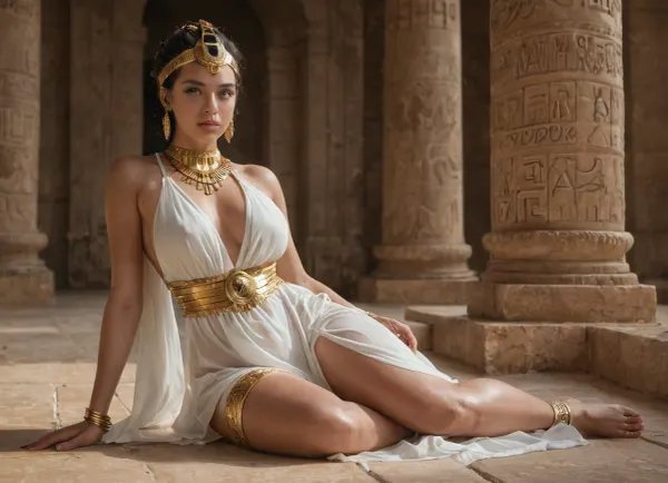 A stunning woman dressed in an ancient Egyptian-inspired outfit sits gracefully in front of a grand temple adorned with intricately carved hieroglyphic columns. She wears a revealing, flowing white dress made of delicate, slightly transparent fabric that drapes over her curvaceous body, accentuating her ample chest. The deep-cut design exposes much of her décolletage, while the high slits reveal her toned legs. Her sleek, jet-black bob hairstyle is adorned with a golden cobra headpiece, symbolizing royalty and power. A majestic blue and gold collar necklace rests on her shoulders, complemented by matching golden bracelets and thigh bands. Her gaze is alluring and confident, with a subtle, seductive expression. The warm sunlight casts a golden glow on her smooth skin, enhancing the rich textures of her outfit and the detailed carvings of the ancient setting. Ultra-detailed, highly realistic, cinematic lighting.