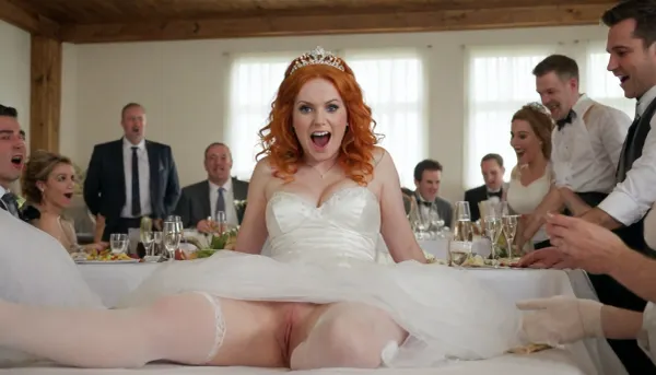 Drunk bride lies on her back on a banquet table, gigantic tits, orange hair on her head, tiara, wedding dress and white stockings. The hem of the dress is pulled up . Legs apart, knees apart. A hairy vagina is on display, a bulging tummy, a bulging pubis, a bulging vagina, and a large amount of sperm on it. A crowd of elegantly dressed men near the table, dicks sticking out of their pants, men cumming on the bride, bridesmaids peering out from behind them, the bride happily laughing with her mouth wide open