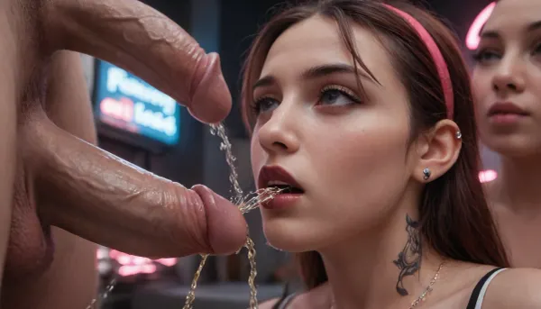 best quality, ultra-detailed, masterpiece, photorealistic, finely detailed, highres, highly detailed narrow goth face, many large tattoos, close from below, perfect anatomy, perfect face, (sad), (painful expression:1.5), ((other people watching)), sad, woman has slim waist, slutty extremely smeared black makeup, black lipstick, open mouth, shit in mouth, shit, blue long pigtails, (red round earrings, red hair band), skin-tight covered silver off-the-shoulder latex shirt covering large breasts, (tons of cum on face and shoulders:1.5), bukkake, (lots of shit on girl:1.3), blue tight latex pleated skirt, (video cameras), (displays show current live footage of the porn recordings), cock and balls with girl's hand with red painted fingernails gripping huge cock, (2 massive penises:1.3), (pissing:1.9), huge testicles, massive style penis, (setting is a porn film set in a tacky love hotel with plusch), (red and pink neon lights), Love, Hotel, neon lights, <lora:Dramatic_penis_SDXL:.4>
