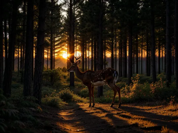 a deer in the forest, sunset, <lora:Background_Detail_v3:.8>, <lora:more_details:.8>