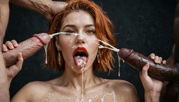 (Macro photo), (extreme close up:1.2), front view, Photorealistic, high resolution, professional photography, (open mouth), (extended tongue), (detailed tongue), red lipstick, excessive cum on tongue, short smooth ginger bobcut hair, 3 african black men, handjob, masturbating, ejaculation, projectile cum, topless, cum dripping from chin, tongue sticking out, black background.