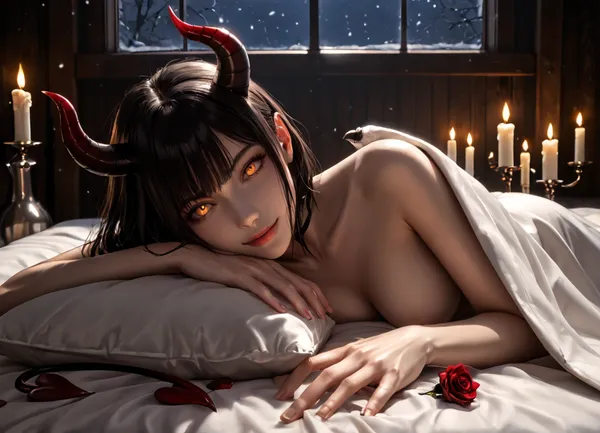 masterpiece, best quality, highly detailed, (anime:1.2), BREAK, (close up of face:1.4), ((pov lying on side in bed extremely close to a gorgeous 25 year old white succubus with demonic, wings, horns, tail)), (solo), (nude, she is under the covers and in bed with viewer, lying extremely close to viewer, succubus grabbing viewer), (succubus has long black hair bob haircut), (wide open orange eyes), (5 fingers, perfect fingers:1), natural b cup boobs, slim, athletic, gymnast body, smiling, aroused, horny, (extremely dim lighting with source only from candles, darkness, extremely dark room, romantic atmosphere:1.4), (extremely dark and romantic environment:1.2), (all lights are out in room, dim candle lights are the only source of lighting:1.2), (rose flower peddles in a line on the bed leading up to her beautiful pussy:1.2), (bedroom:1.2), (rose flower peddles scattered across bed, bottle of bourbon, heart shaped box of assorted chocolates), (fireplace:1.2), (dark moonless night, nighttime:1.2), (snowing outside), RAR, <lora:MeMaV3_ill:.5>, <lora:add_details_xl:.5>, <lora:Better Anime Backgrounds - [Background] - SDXL Version 1:.5>, <lora:RAR 0.4v:.5>