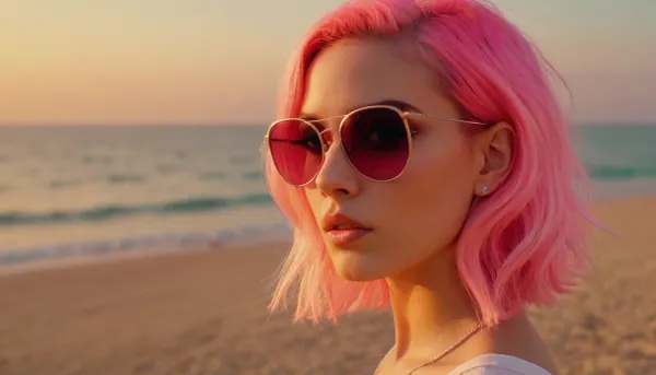 1990's beach babe with stylish neon pink hair cut in textured waves, flirty, playful, sunglasses, vaporwave sunset color theme, video game screenshot, style of grand theft auto, ziprealism, perfecteyes, sunnyrayyxo, <lora:PerfectEyesXL:.8>, <lora:sunnyrayyxo_v1_SDXLBase:.4>